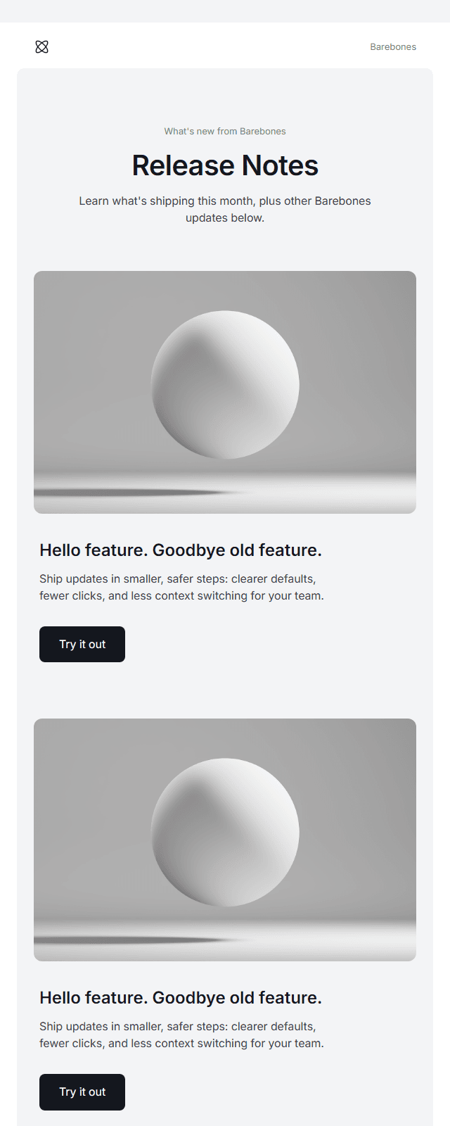Feature Announcement · Barebone email template preview