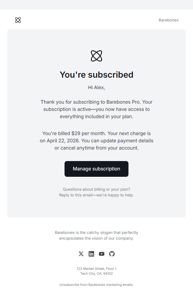 Subscription Confirmation · Barebone email template preview