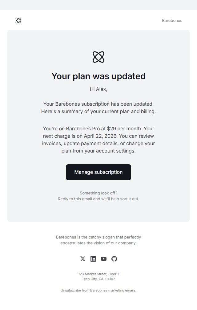 Subscription Update · Barebone email template preview