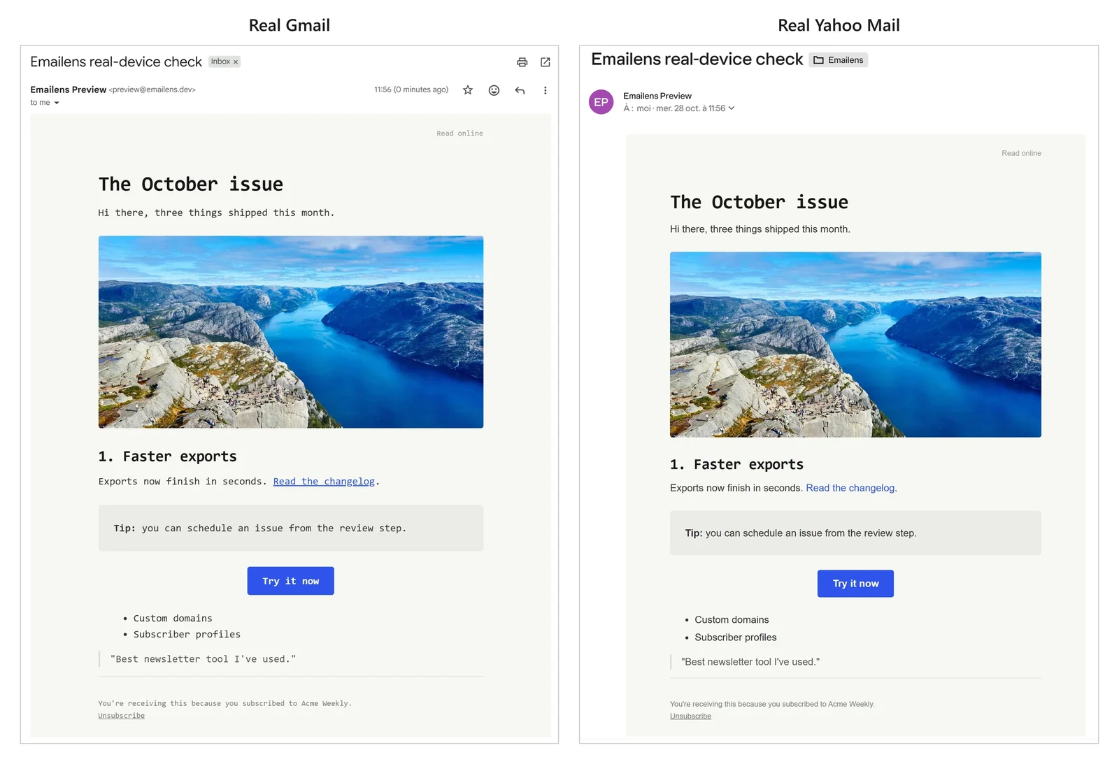 The same newsletter in real Gmail, all in a monospace font, and in real Yahoo Mail, where only the headings stay monospace and the body falls back to sans-serif