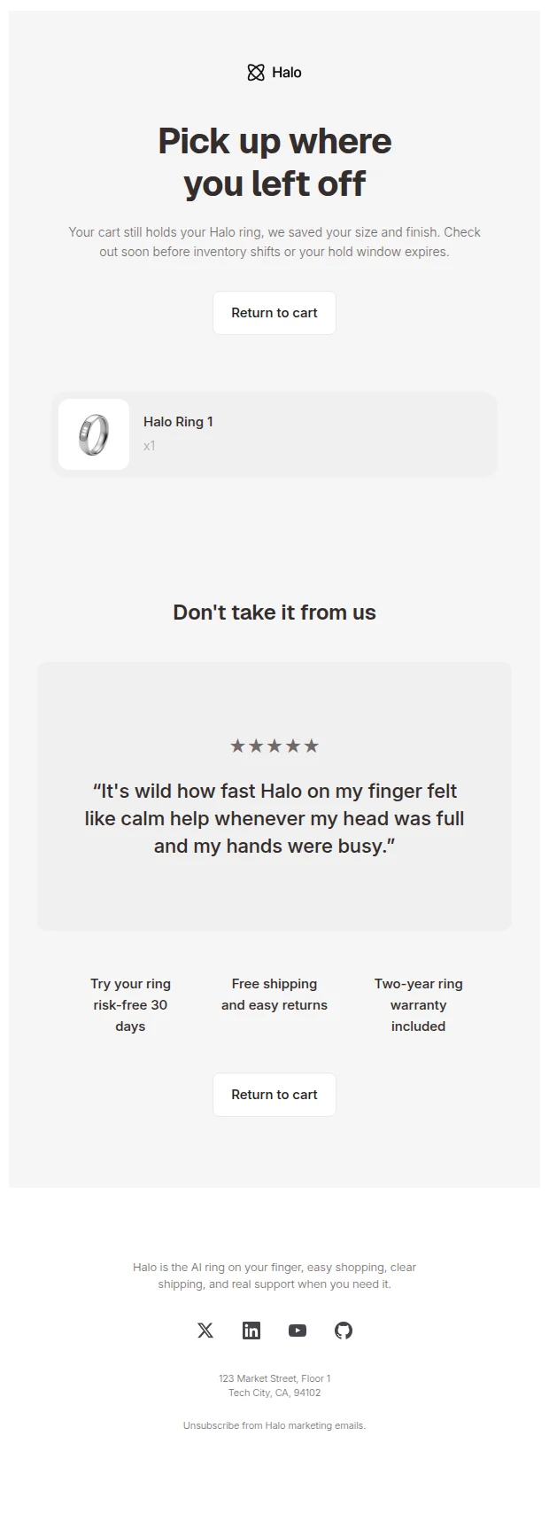 The abandoned-cart email as designed: rounded grey cards, rounded buttons, a sans-serif font.