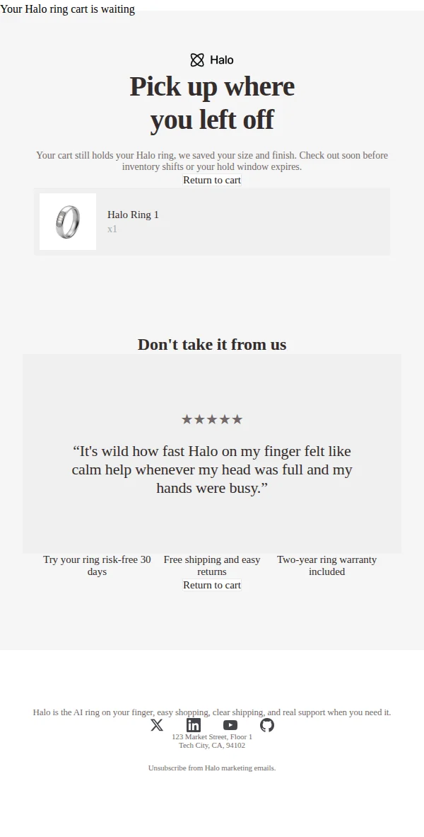 The same email in our Outlook Classic simulation before the fix: Times New Roman, square cards, buttons as plain links, cramped spacing.