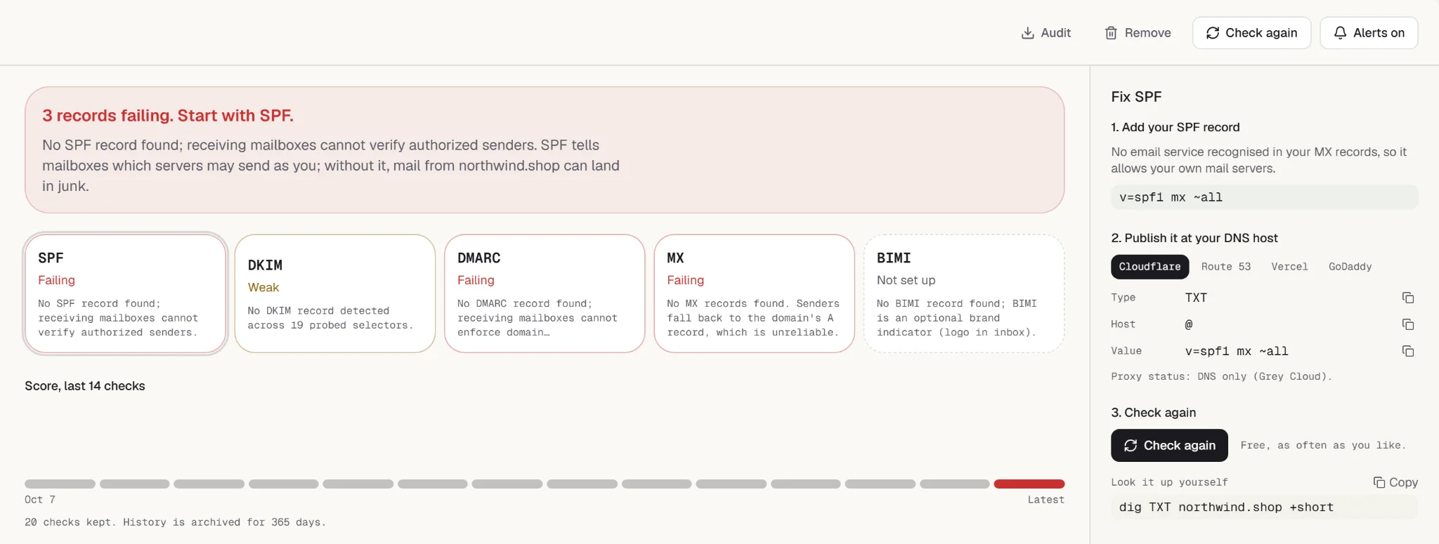 The Emailens domain page: three records failing, SPF first, with the record to add and where to publish it.