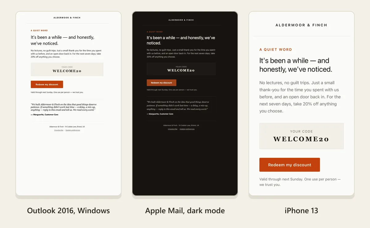 One email captured in three real clients: Outlook 2016 on Windows, Apple Mail in dark mode, and an iPhone 13.