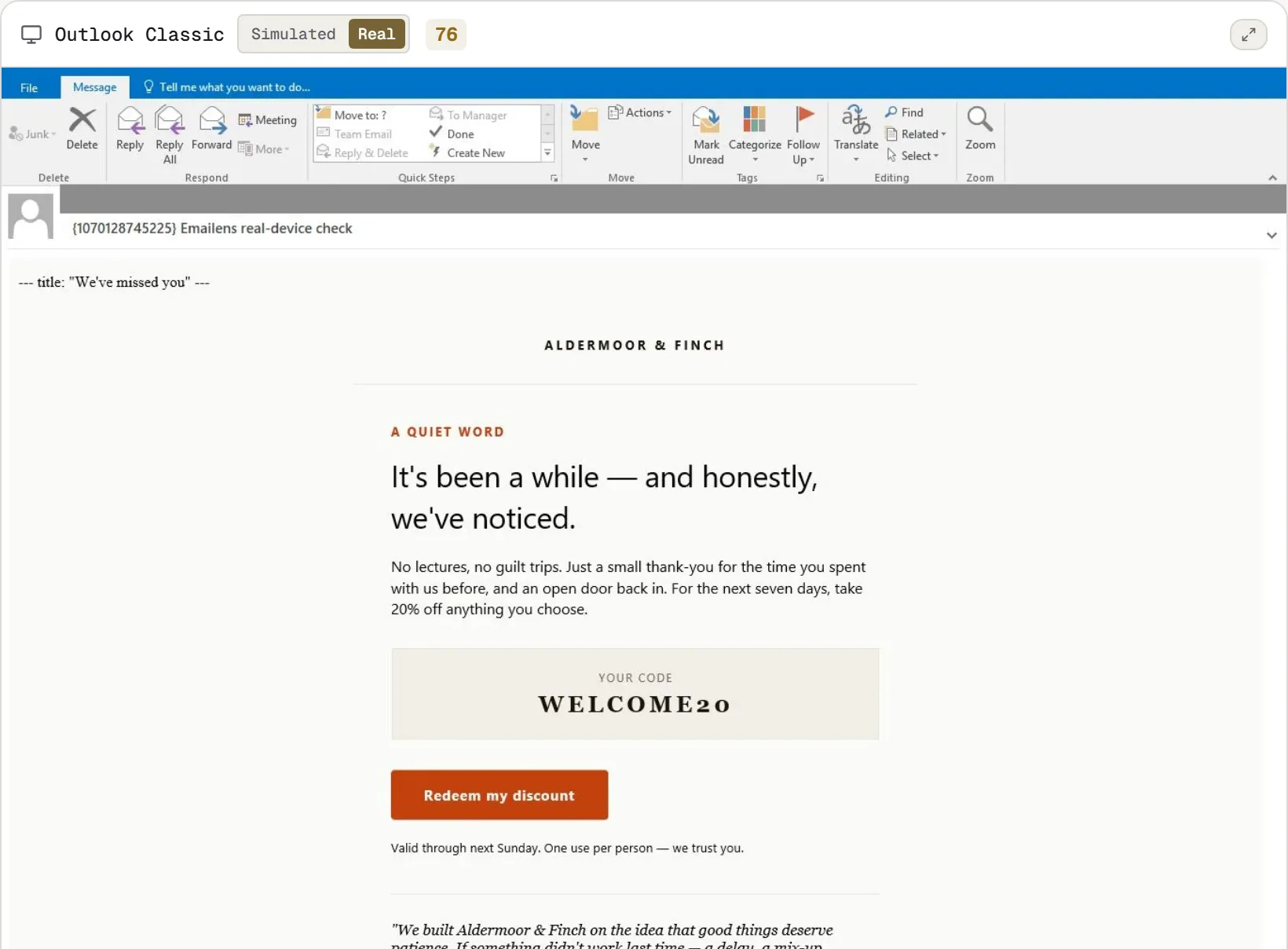 The same preview on Real: a screenshot of the email in real Outlook 2016, with the client's ribbon visible.
